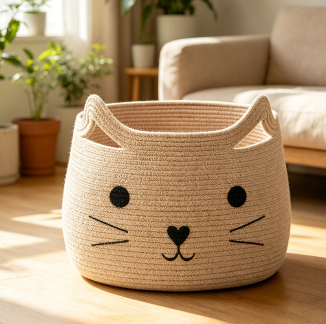 Cat Patterned Cotton Rope Storage Basket – Large Laundry & Toy Bin Image 2