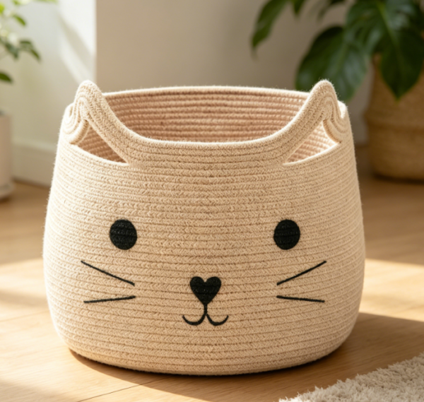 Cat Patterned Cotton Rope Storage Basket – Large Laundry & Toy Bin