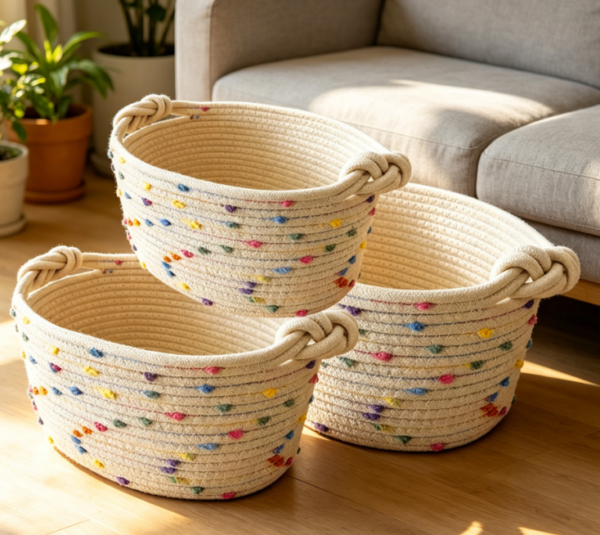 3 Piece Small Woven Basket Set – Rainbow Pattern – Toy Storage