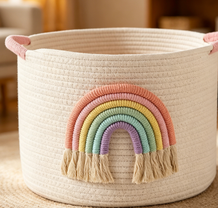 Rainbow Decorated Woven Basket with Handles – Girls' Toy & Blanket Storage Image 2