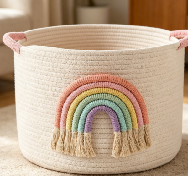 Rainbow Decorated Woven Basket with Handles – Girls' Toy & Blanket Storage
