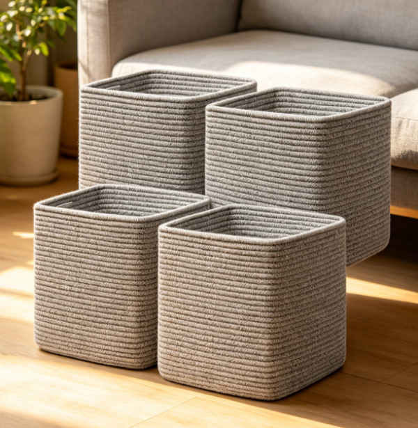 4 Piece Rope Woven Storage Bin Set – Gray – For Shelves