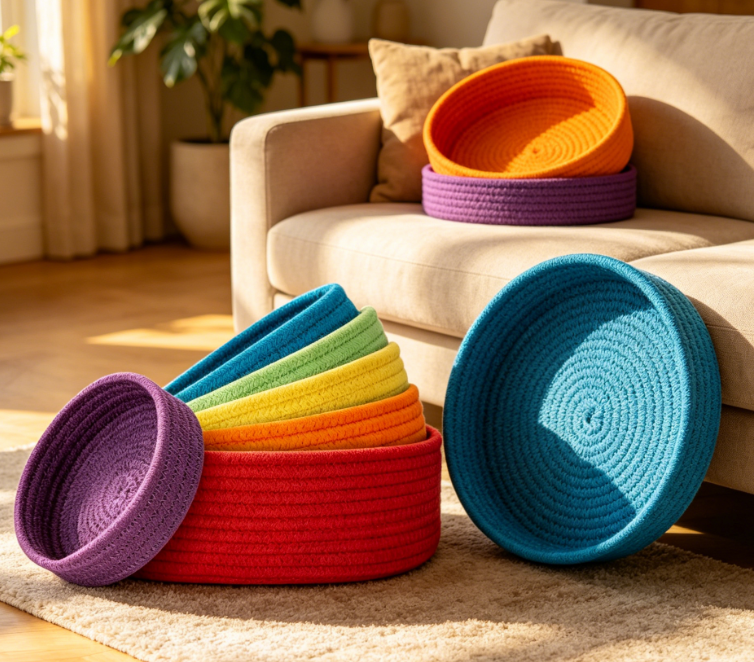 6 Piece Round Woven Basket Set – Rainbow Colors – Key Tray & Storage Image 2