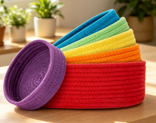 6 Piece Round Woven Basket Set – Rainbow Colors – Key Tray & Storage