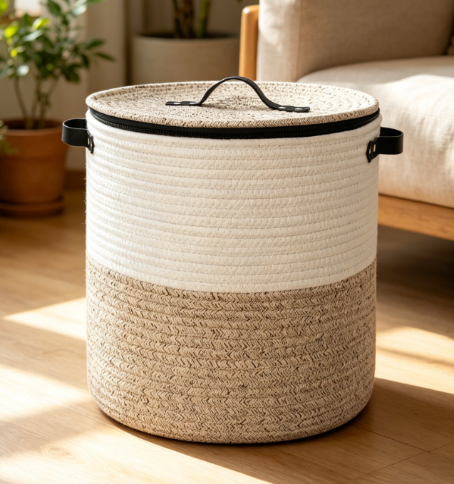 Woven Storage Basket with Lid & Zipper – Round Bin for Toys & Blankets Image 2