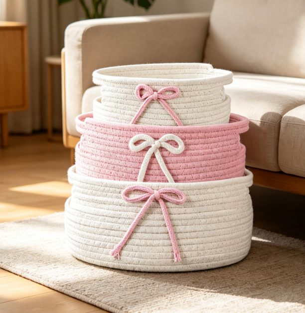 Pink Bow Woven Basket — Laundry & Toy Storage Image 2