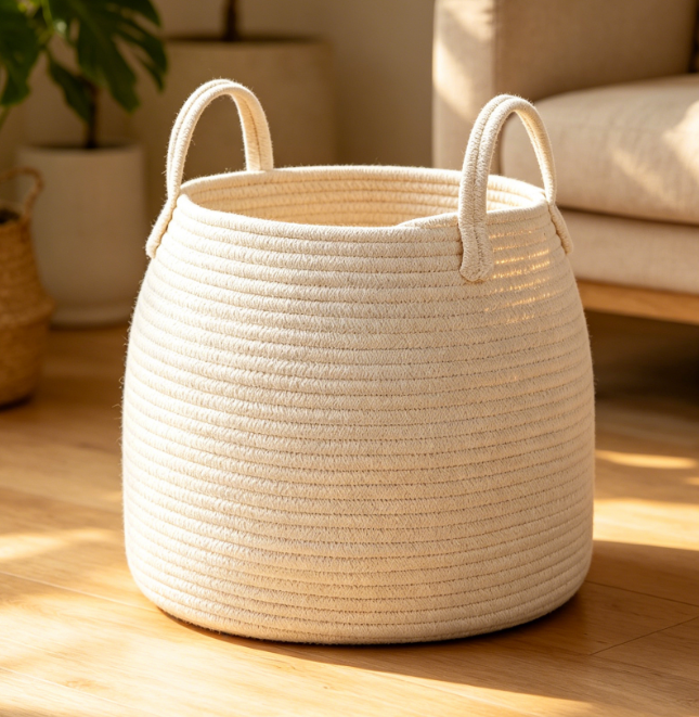 White Woven Laundry Basket — Blanket & Toy Storage Image 2