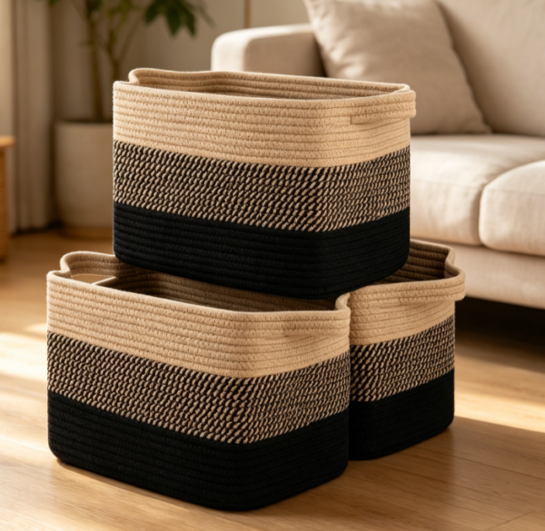 3 Piece Rectangular Woven Storage Basket Set – Black & Brown Color Scheme