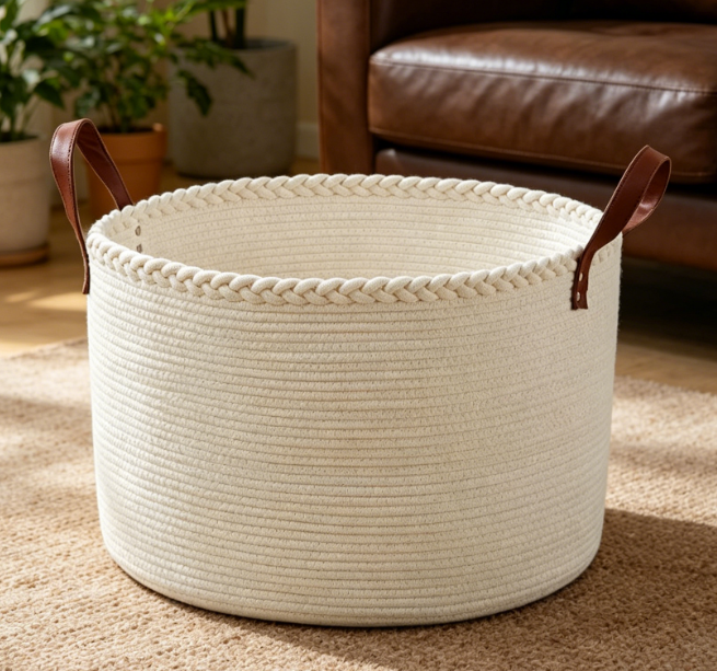 Extra Large Round Laundry Basket with Leather Handles — Cream Image 2