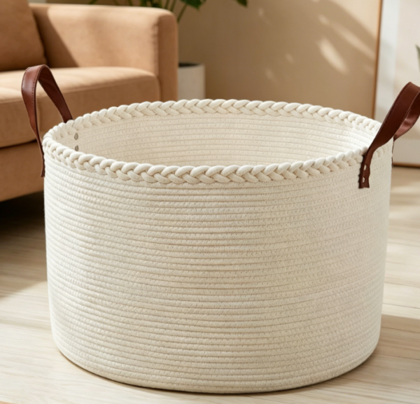 Extra Large Round Laundry Basket with Leather Handles — Cream