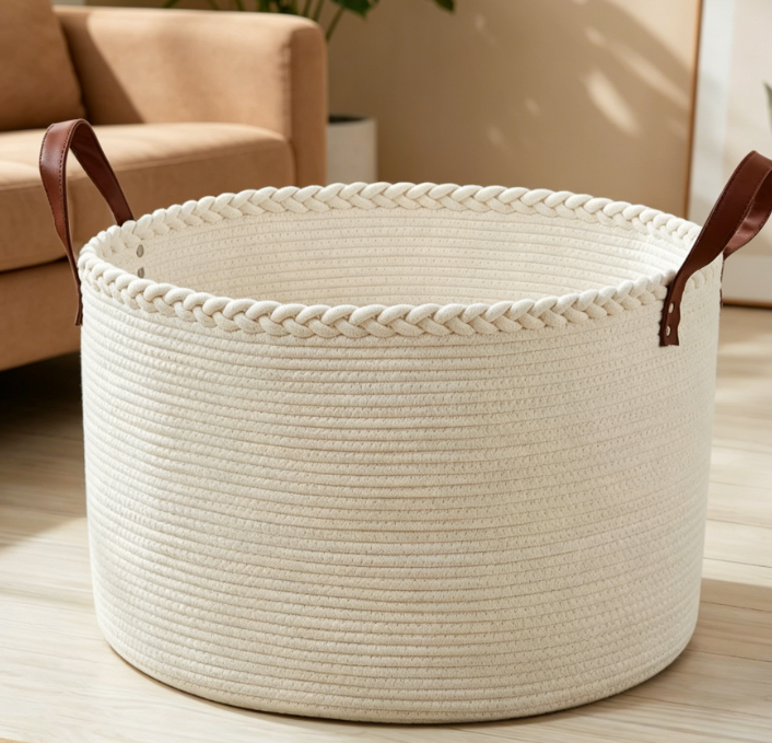 Extra Large Round Laundry Basket with Leather Handles — Cream