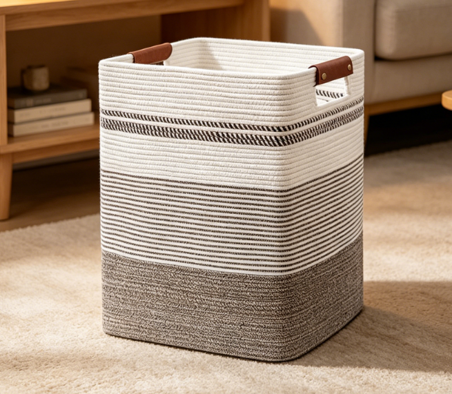High Capacity Cotton Rope Laundry Basket with Leather Handles Image 2