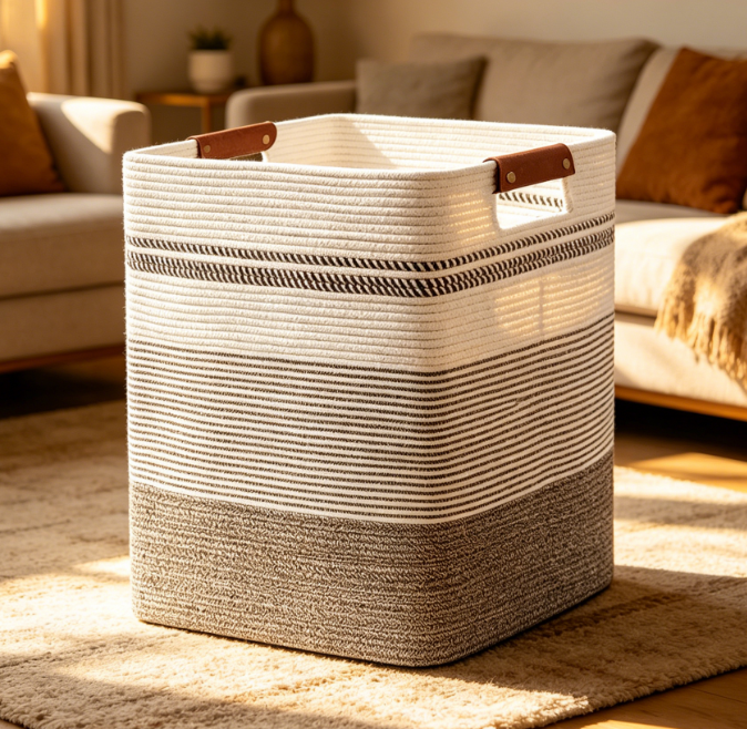 High Capacity Cotton Rope Laundry Basket with Leather Handles