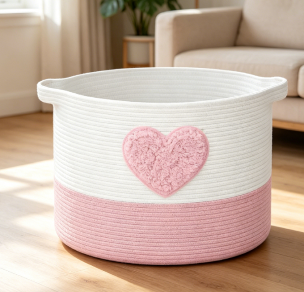 Pink Heart Embroidered Woven Basket — Blanket & Toy Storage