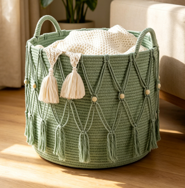 Artisan Rope Woven Basket — Blanket & Toy Storage Image 2