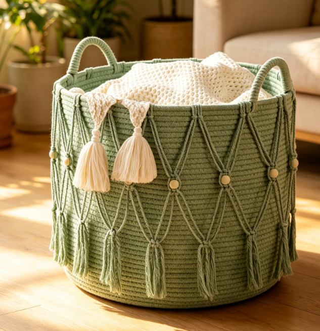 Artisan Rope Woven Basket — Blanket & Toy Storage