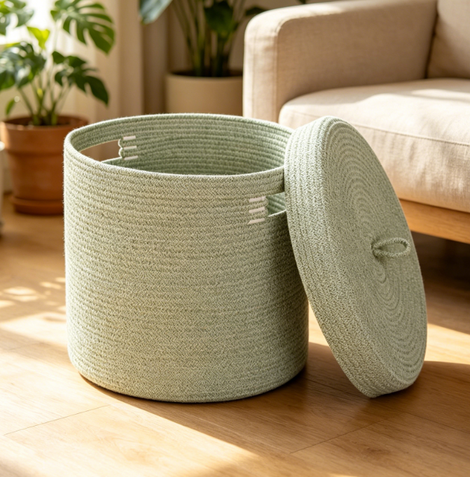 Lidded Cotton Rope Woven Basket — Toy & Blanket Storage Image 2