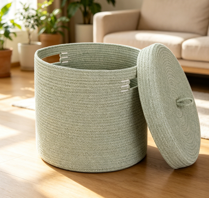 Lidded Cotton Rope Woven Basket — Toy & Blanket Storage