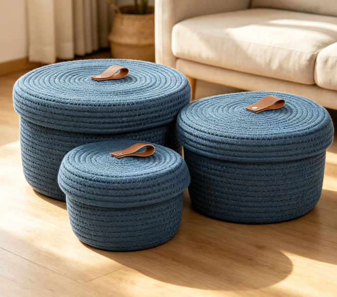 Round Lidded Woven Basket 3 Piece Set — Deep Blue Image 2