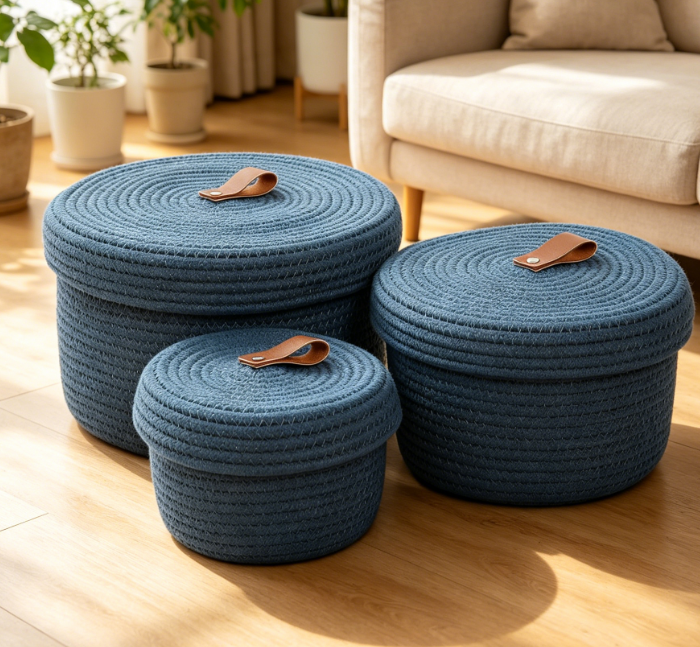 Round Lidded Woven Basket 3 Piece Set — Deep Blue