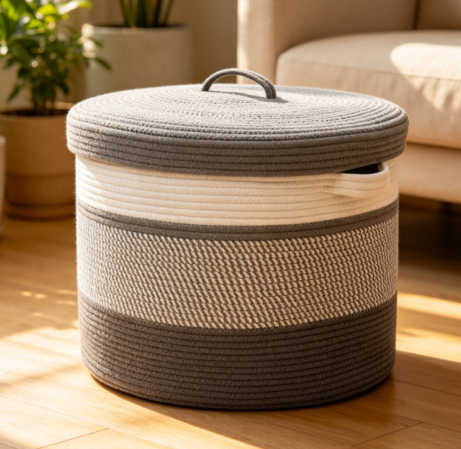 Extra Large Lidded Cotton Rope Basket — Laundry & Storage
