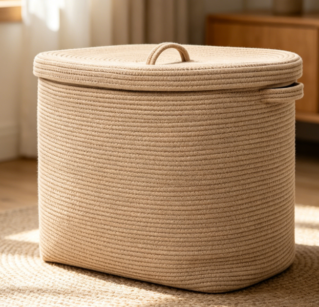 Extra Large Rectangular Lidded Woven Basket — Beige Image 2