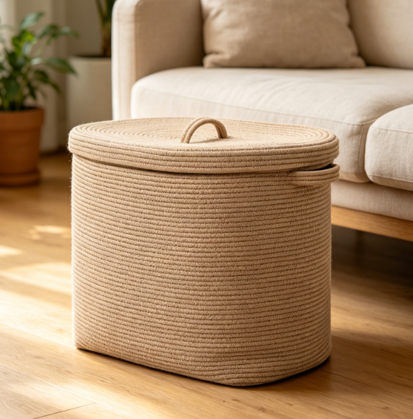Extra Large Rectangular Lidded Woven Basket — Beige