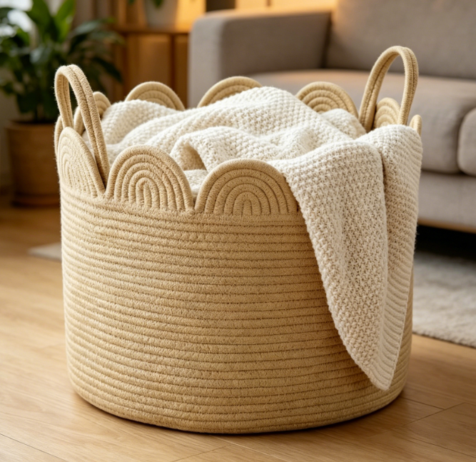 Scalloped Edge Rope Woven Basket – Round Blanket Storage Bin Image 2