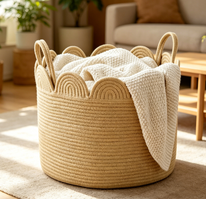 Scalloped Edge Rope Woven Basket – Round Blanket Storage Bin