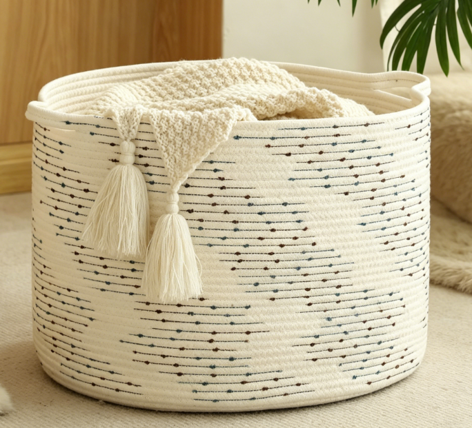 Polka Dot Cotton Rope Blanket Basket (Cream/Blue/Brown)