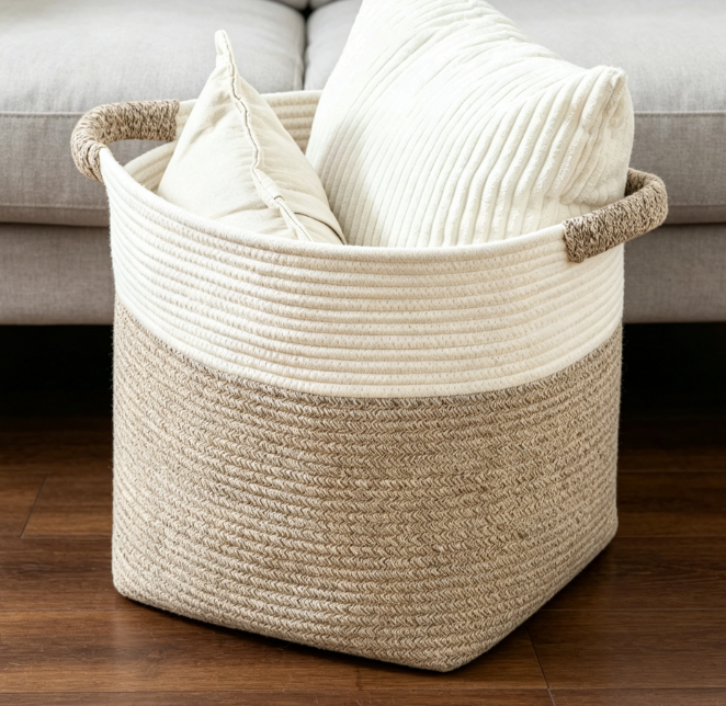 Round Two Tone Cotton Rope Blanket Storage Basket (White/Brown) Image 2