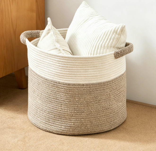 Round Two Tone Cotton Rope Blanket Storage Basket (White/Brown)