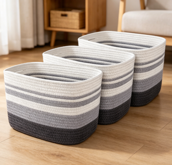 Gray Cotton Rope Storage Set for Laundry & Blankets (3 Piece Set)