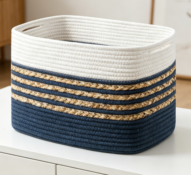 Navy Blue Cotton Rope Basket with Handles for Toys & Towels Image 2