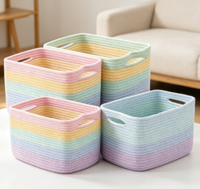Rainbow Colored Cotton Rope Toy Storage Baskets (4 Piece Set) Image 2
