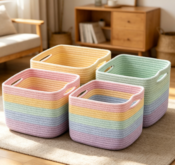 Rainbow Colored Cotton Rope Toy Storage Baskets (4 Piece Set)