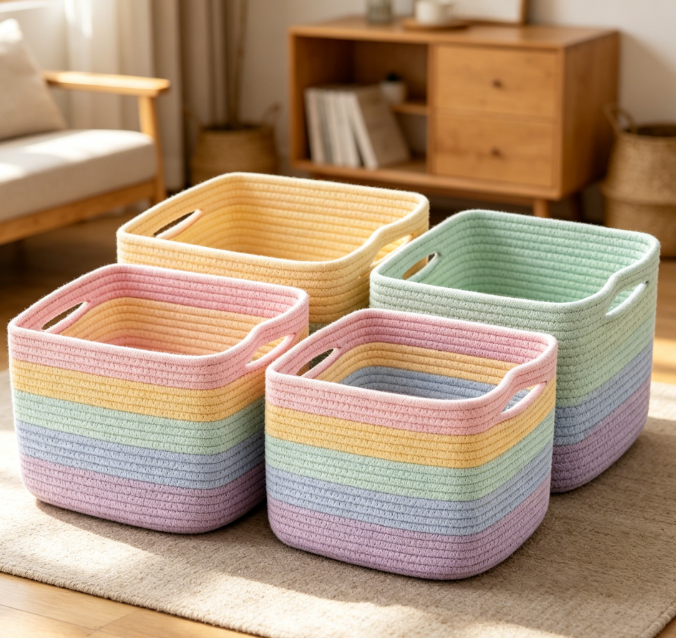 Rainbow Colored Cotton Rope Toy Storage Baskets (4 Piece Set)
