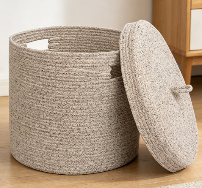 Cotton Rope Storage Bin with Lid for Blankets & Toys Image 2