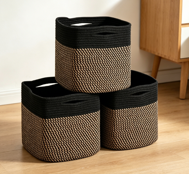 Cube Shaped Cotton Rope Storage Baskets (3 Piece Set) (Black/Jute) Image 2