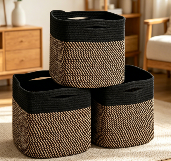Cube Shaped Cotton Rope Storage Baskets (3 Piece Set) (Black/Jute)