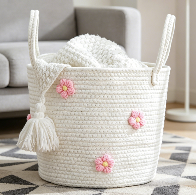 Cotton Rope Storage Basket with 3D Floral Decoration Image 2