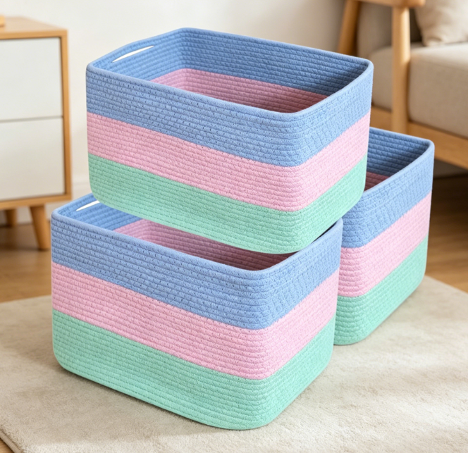 Rainbow Colored Cotton Rope Toy Basket with Handles Image 2