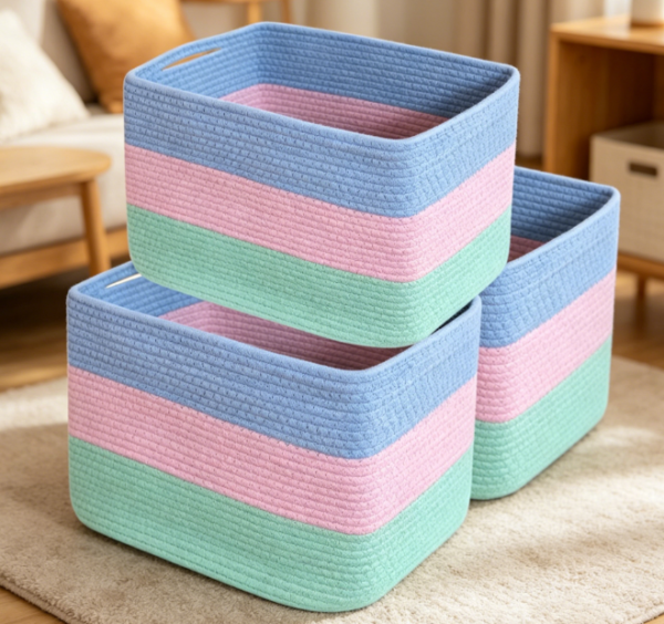 Rainbow Colored Cotton Rope Toy Basket with Handles