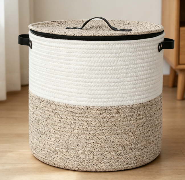 Cotton Rope Storage Basket with Zippered Lid for Blankets & Toys Image 2