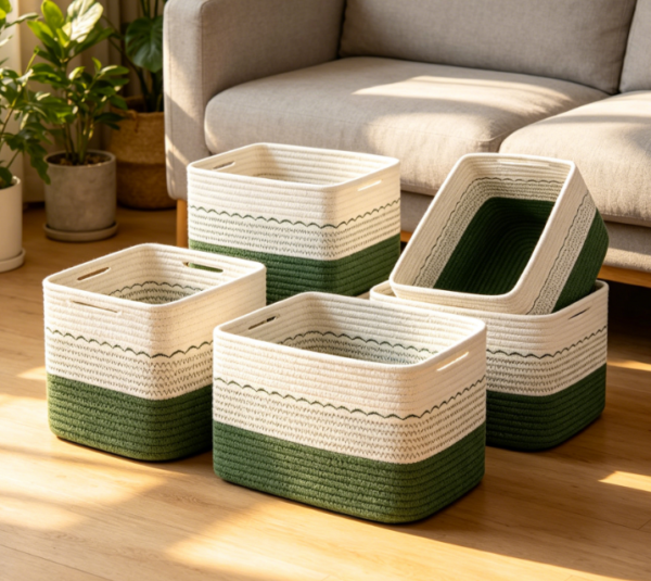 4 Piece Woven Basket Set – Green & White Color Scheme – Toy & Book Storage