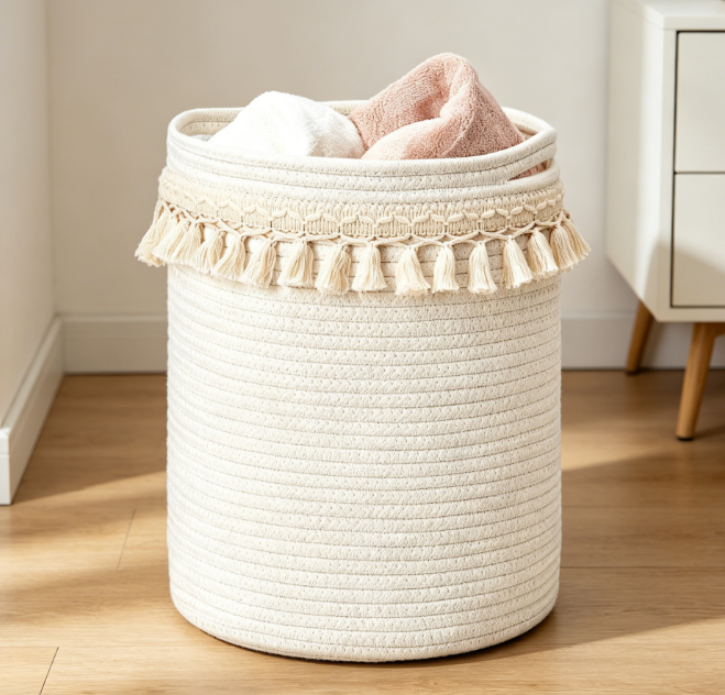 Small Bohemian Style Cotton Rope Storage Basket with Tassels Image 2