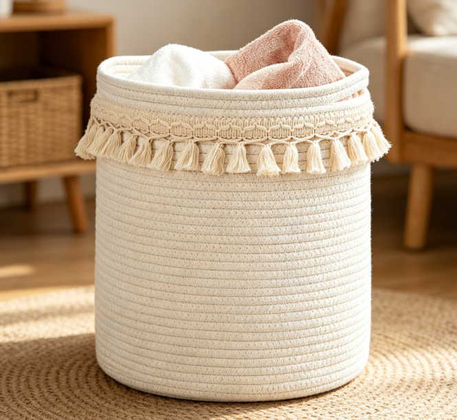 Small Bohemian Style Cotton Rope Storage Basket with Tassels