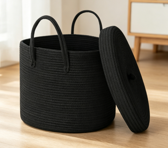 Large Black Cotton Rope Storage Bin with Lid for Blankets Image 2