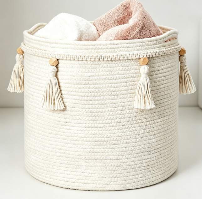 Bohemian Style Cotton Rope Storage Basket with Tassel Accents Image 2
