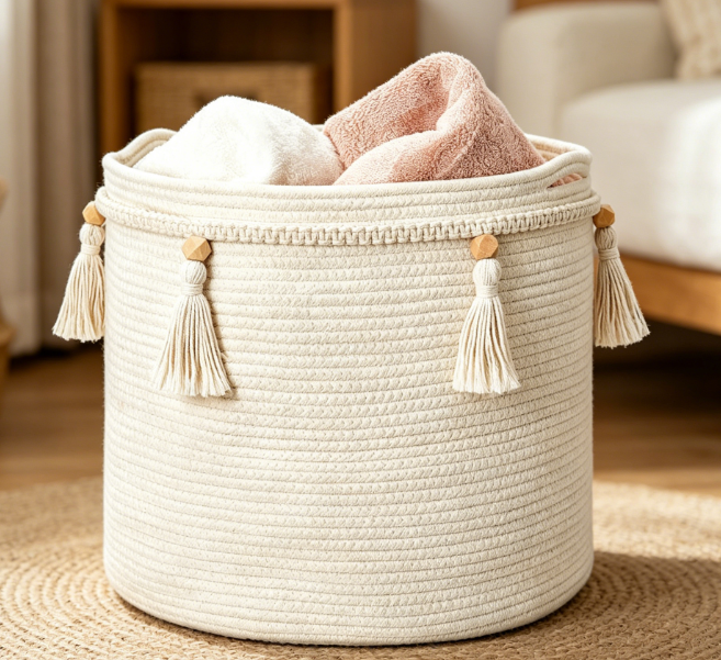 Bohemian Style Cotton Rope Storage Basket with Tassel Accents